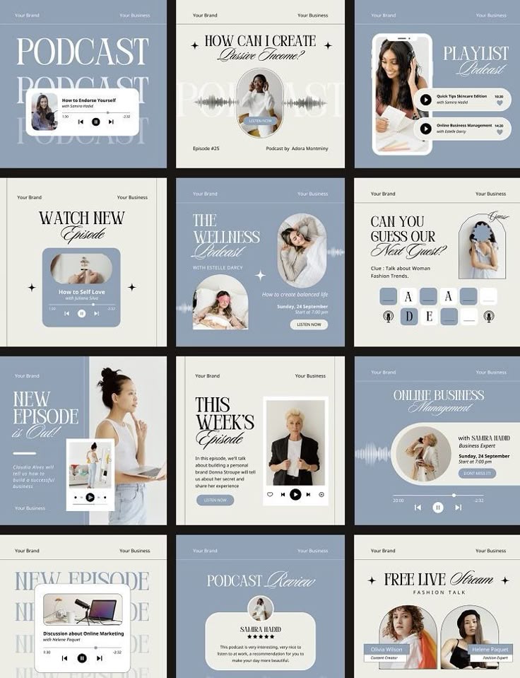 Grid layout showcasing podcast promotional designs, including themes on wellness, business, and personal growth.