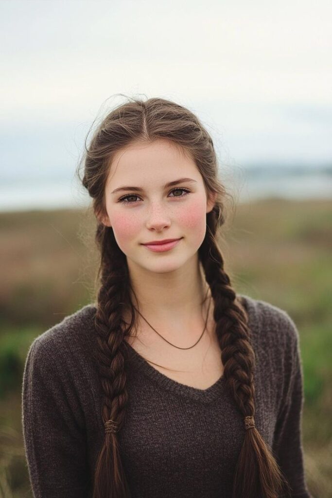 Captivating Braided Styles to Elevate Your Summer Look Young woman with braided hair and a sweater stands outdoors, smiling softly against a blurred natural background. | Sky Rye Design Young woman with braided hair and a sweater stands outdoors, smiling softly against a blurred natural background.