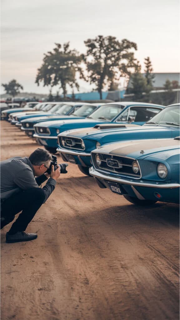 Photographer capturing classic cars in a row under a cloudy sky.