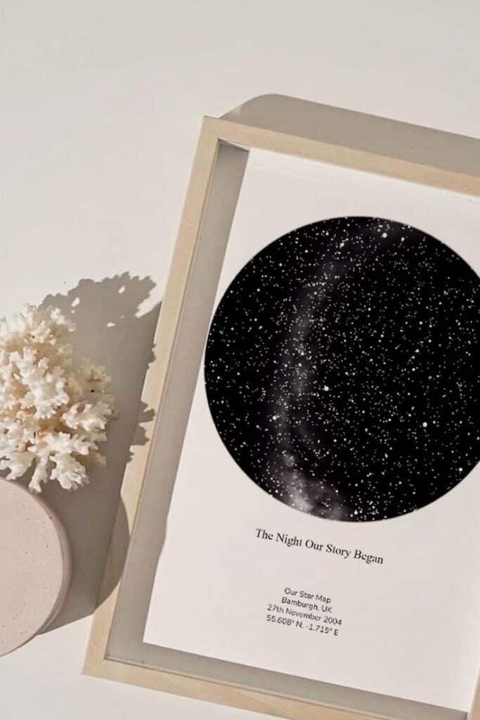 What moment would you capture in the stars - 6 Framed personalized star map titled The Night Our Story Began with detailed constellations and location coordinates. | Sky Rye Design Framed personalized star map titled The Night Our Story Began with detailed constellations and location coordinates.