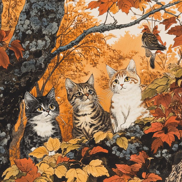 Three curious kittens watch a bird in a vibrant autumn forest, surrounded by colorful leaves.