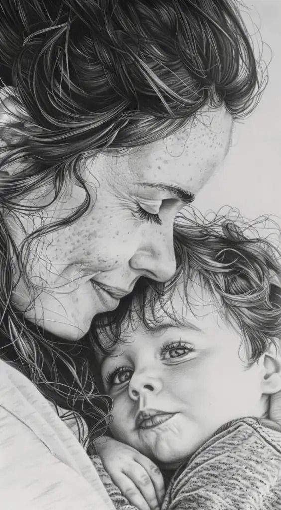 Mother gently cradling her child, both sharing a serene moment of affection in detailed black and white portrait.