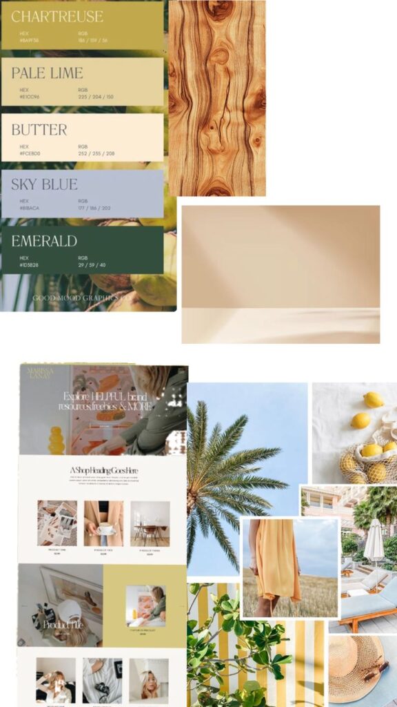 Color palette and mood board featuring chartreuse, pale lime, butter, sky blue, and emerald swatches with nature images.