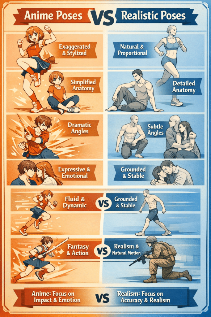 ChatGPT Image 20 янв 2026 г 17_31_34 Anime poses vs realistic poses infographic, contrasting styles like exaggerated vs natural, simplified vs detailed, and | Sky Rye Design Anime poses vs realistic poses infographic, contrasting styles like exaggerated vs natural, simplified vs detailed, and