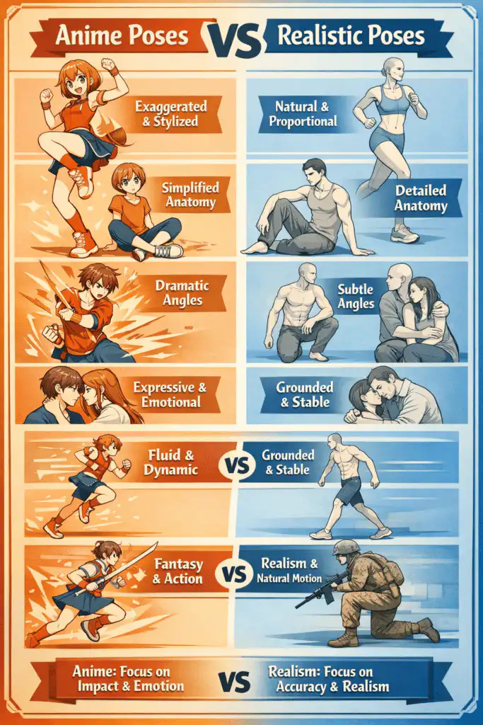 Anime poses vs realistic poses infographic, contrasting styles like exaggerated vs natural, simplified vs detailed, and