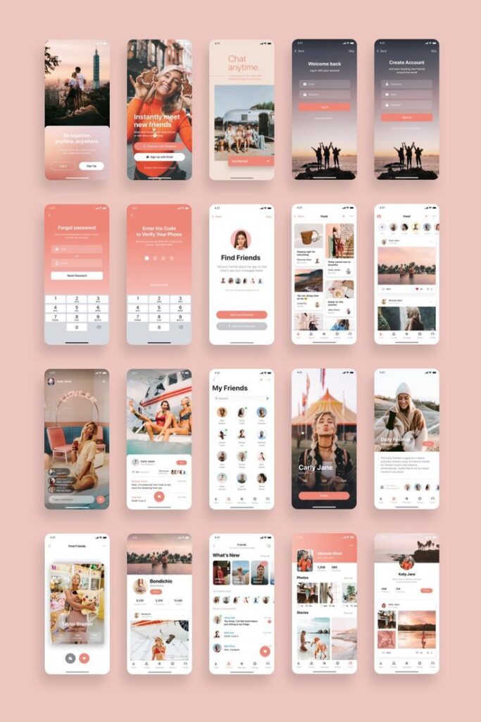 Social networking app interface showcasing profile, chat, and feed screens with a pink and white theme.