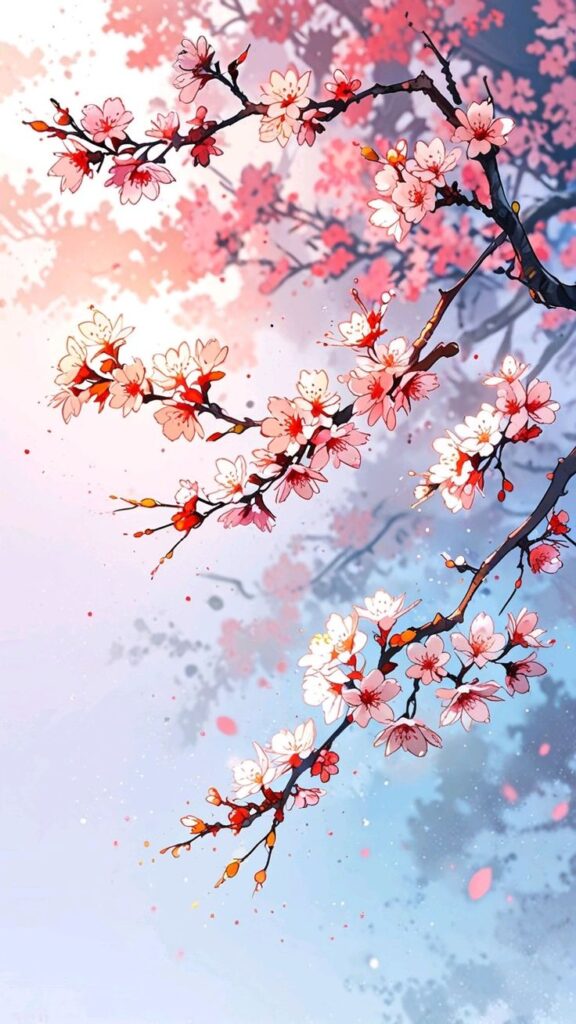 Illustrated cherry blossom branches against a soft, dreamy background, featuring delicate pink and white flowers.