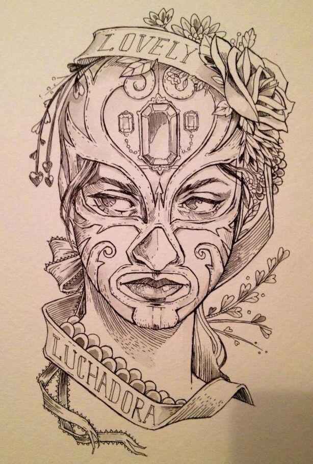 Intricate illustration of a luchadora mask with floral accents and the words Lovely Luchadora.