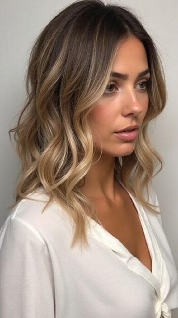 Woman with wavy ombre hair in white blouse, showcasing casual-chic style.