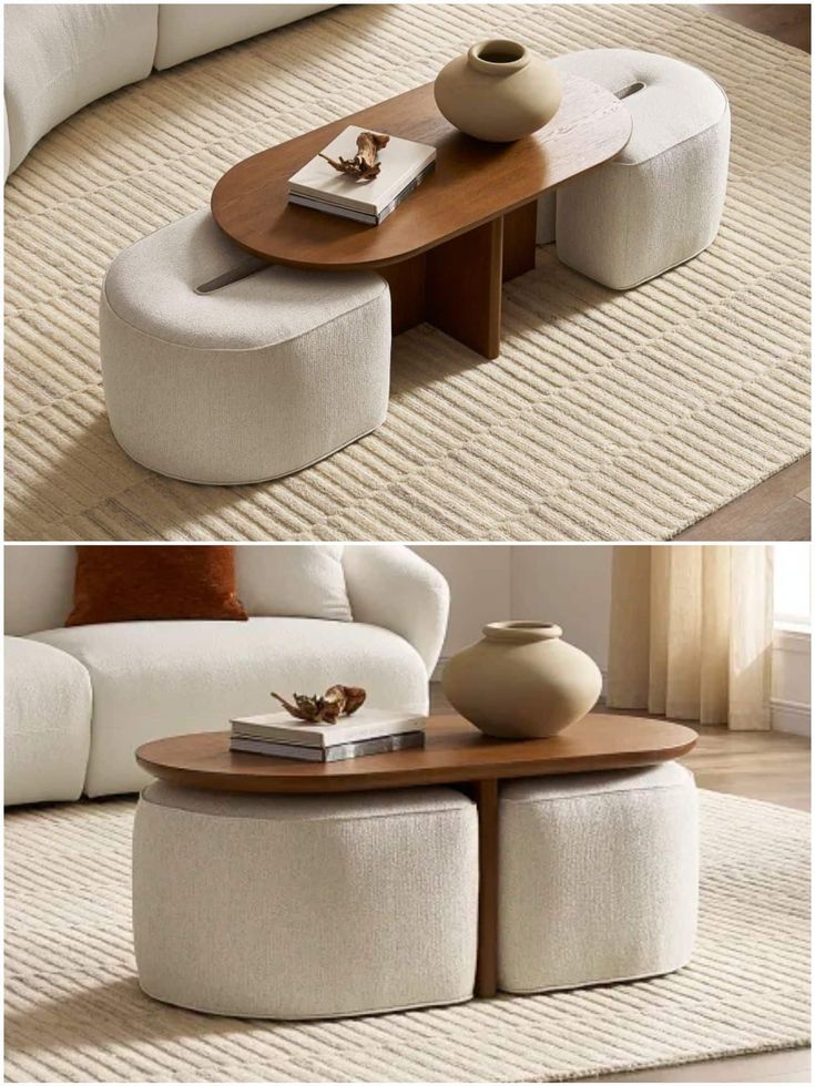Modern coffee table with brown wood top, white pouf seats, and decorative vase on a beige textured rug.