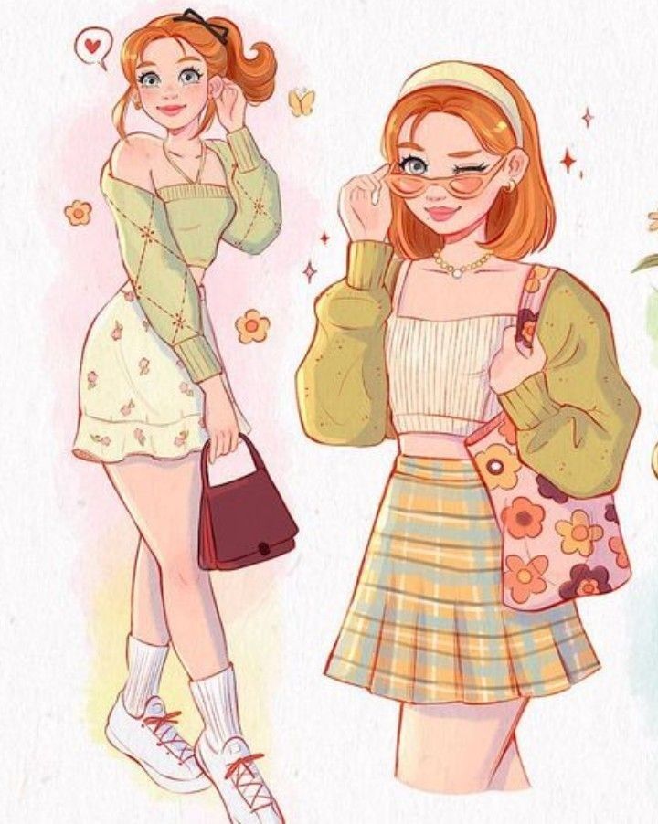 Chica Aesthetic Illustration of two stylish young women in trendy outfits with skirts and accessories, showcasing spring fashion. | Sky Rye Design Illustration of two stylish young women in trendy outfits with skirts and accessories, showcasing spring fashion.