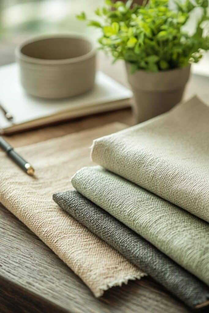 Folded neutral fabric swatches on a wooden table near a plant and a notebook. Cozy home decor setting.