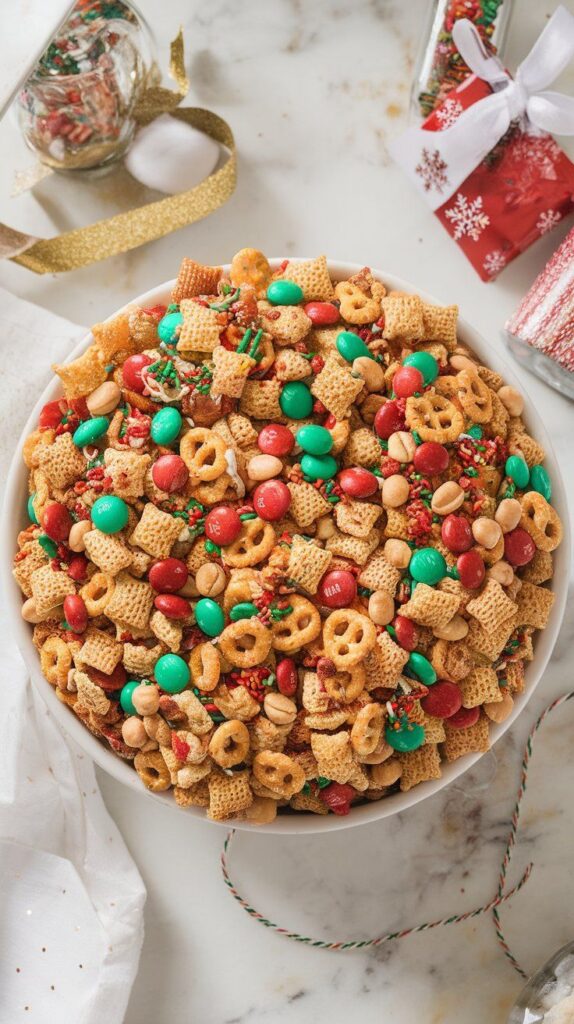 Festive holiday snack mix with pretzels, nuts, and colorful candies in a white bowl on a decorated table.