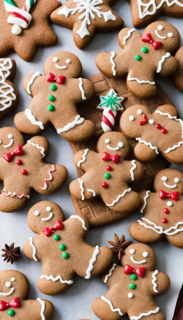 Festive gingerbread cookies with colorful icing decorations, perfect for holiday celebrations and Christmas treats.