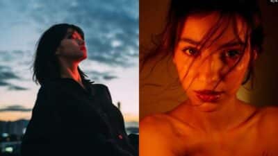 Two atmospheric portraits of a woman, one at sunset and the other with warm lighting, showcasing dramatic contrasts.