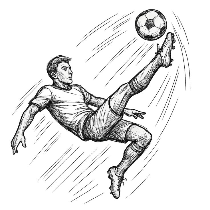 Sketch of a soccer player performing a bicycle kick with a ball in the air.
