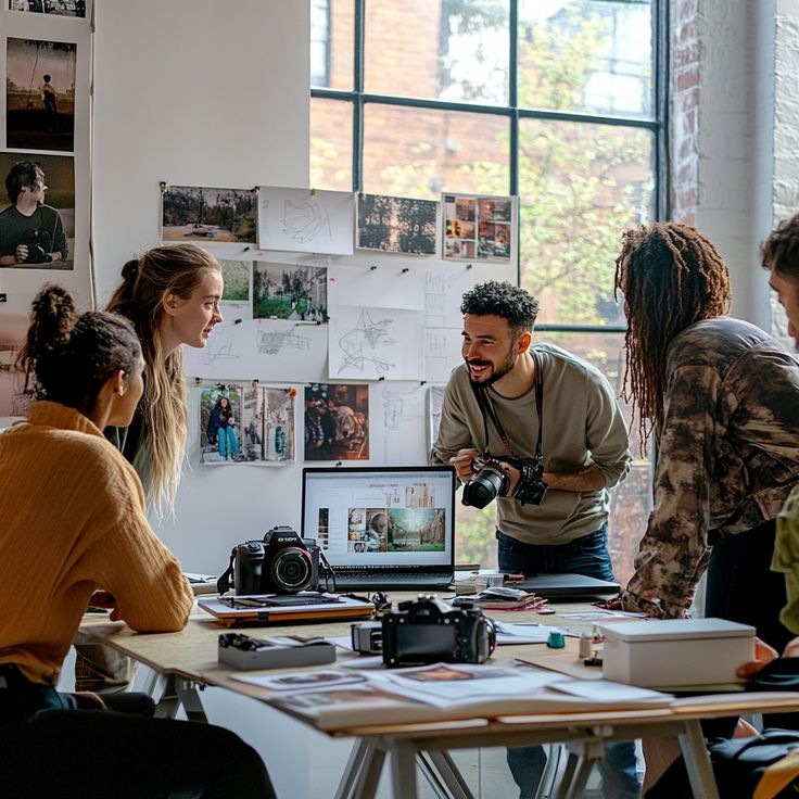 Creative team collaborates in a modern studio, surrounded by photographs and cameras, planning a new photo project.