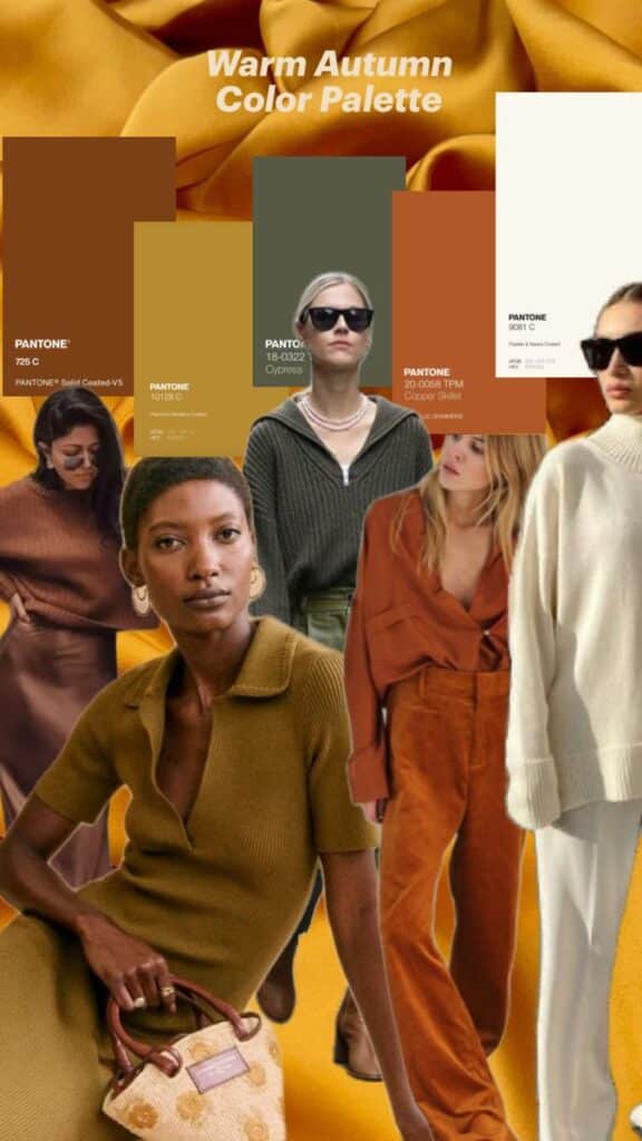 Warm autumn fashion collage with Pantone color swatches and stylish outfits in earthy tones.