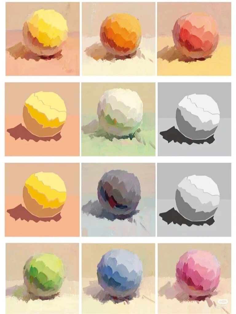 Color and light study on textured spheres in various shades and lighting conditions, displayed in a 4x3 grid.