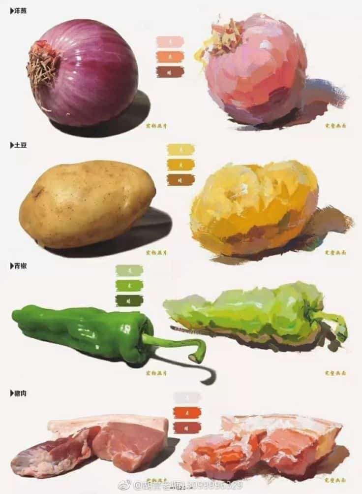 Assorted vegetables and meat with color palettes in an artful illustration, featuring onion, potato, pepper, and pork.