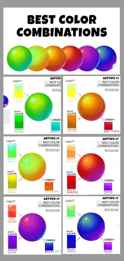 Guide to the best color combinations with spheres illustrating lighting, base, and shadow hues for art tips.