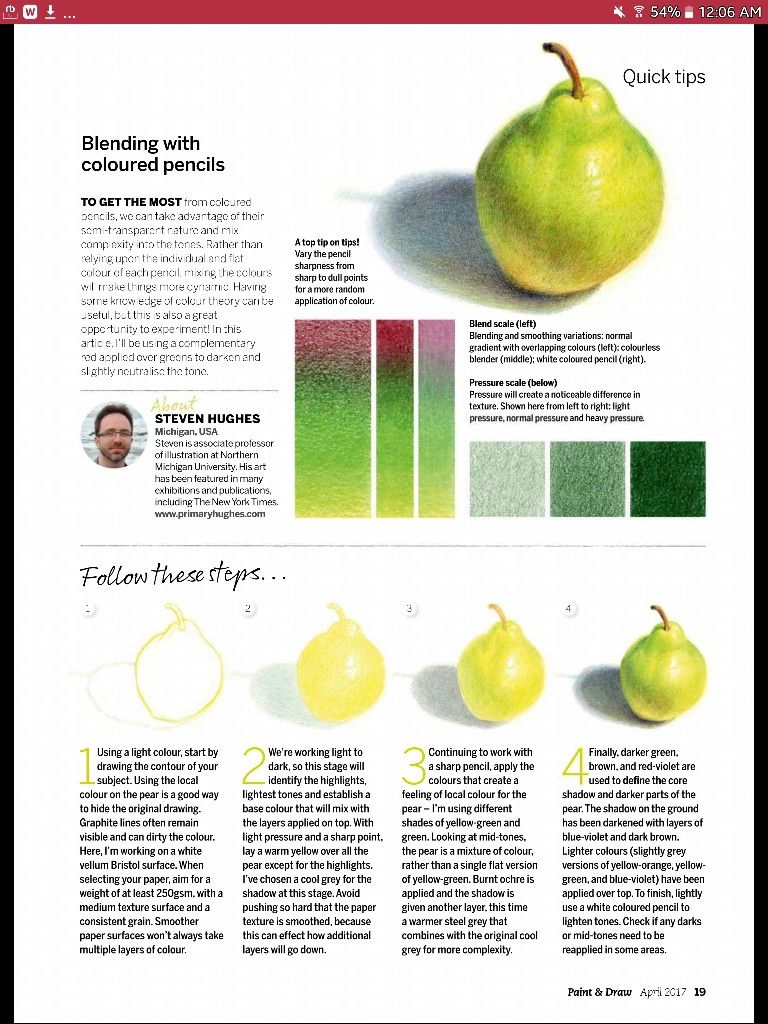Step-by-step guide to blending colored pencils, featuring a pear illustration and blending techniques.