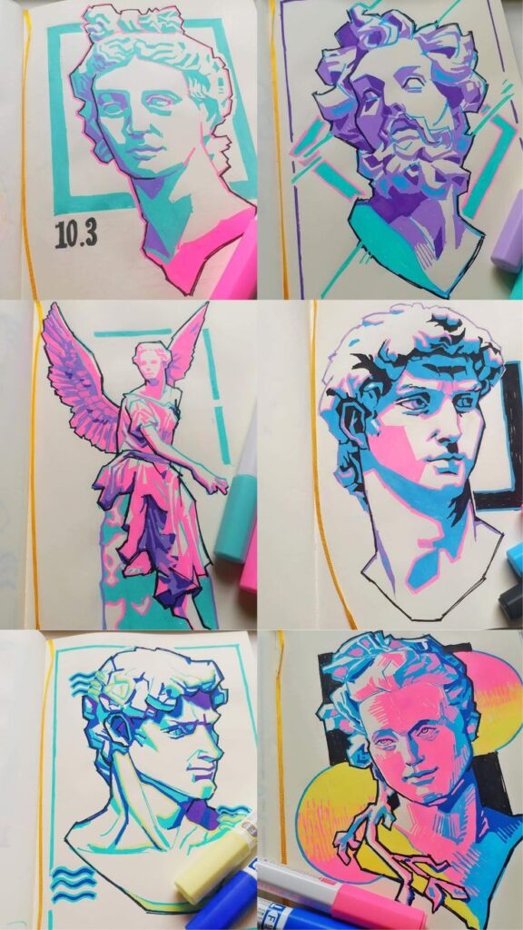 Colorful sketches of classical sculptures using neon markers in an art journal.