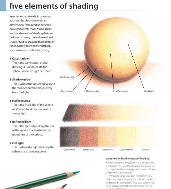 Diagram of shading techniques on a sphere labeled with cast shadow, shadow edge, halftone, reflected light, and full light.