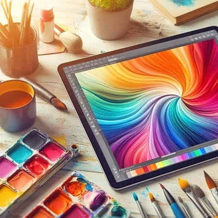 Tablet displaying vibrant digital art surrounded by paints and brushes on a creative workspace.