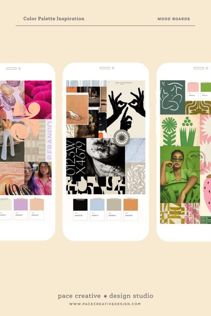 Stylish color palette inspiration, mood boards with diverse designs and hues displayed on smartphone screens.
