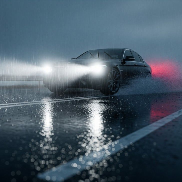 Cómo las condiciones meteorológicas impactan tu seguridad al volante _ Tutiempo_net Car driving through rain at night with headlights on, reflecting on wet road. | Sky Rye Design Car driving through rain at night with headlights on, reflecting on wet road.