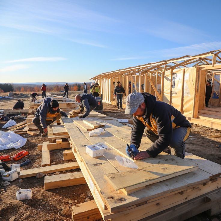 Construction workers building a wooden structure on a sunny day with clear skies.