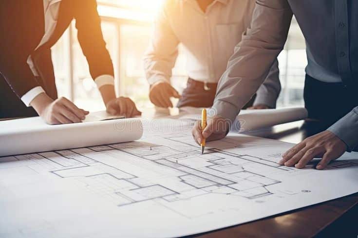 Architects reviewing blueprints at a desk in a sunlit office, collaborating on a building design project.