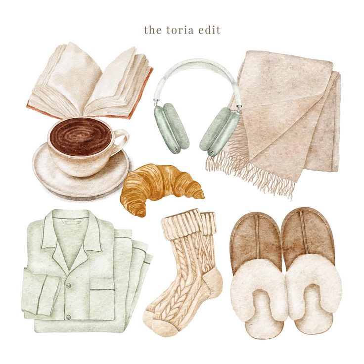 Cozy essentials: book, headphones, blanket, coffee, croissant, pajamas, socks, and slippers. Perfect for relaxation.