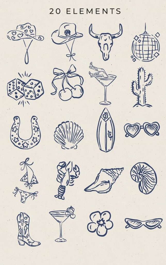 Cowgirl Coastal Bachelorette Clipart Hand Drawn Whimsical Doodle Illustration Hen Invite Template Western Beach Party in SVG - Etsy Doodle illustrations of retro elements: cowgirl hat, cocktail, cactus, seashell, surfboard, cherries, sunglasses, dice, more. | Sky Rye Design Doodle illustrations of retro elements: cowgirl hat, cocktail, cactus, seashell, surfboard, cherries, sunglasses, dice, more.