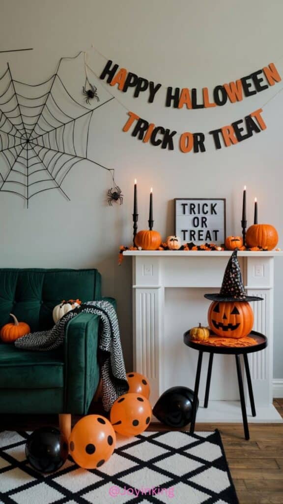 Halloween-themed living room decor with pumpkins, balloons, and a Trick or Treat sign. Cozy and festive setup.