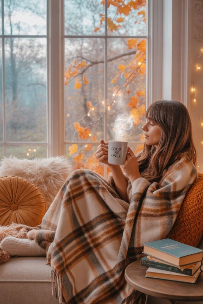 Cozy autumn scene: woman wrapped in a blanket, sipping coffee by a window with fall leaves and fairy lights.