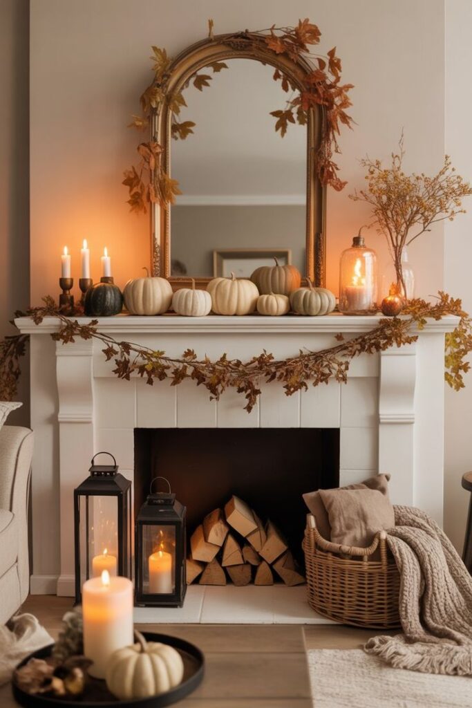 Cozy autumn mantel decor with pumpkins, candles, and fall foliage, creating a warm seasonal ambiance.