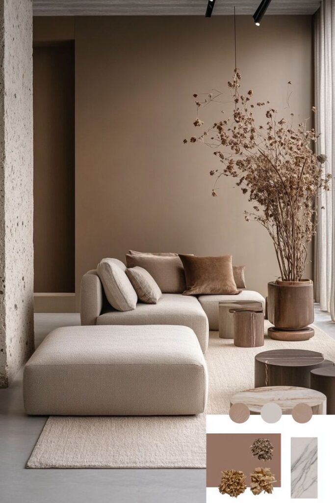 Modern minimalist living room with beige sofa, dried plants, and earthy tones for a cozy, elegant ambiance.
