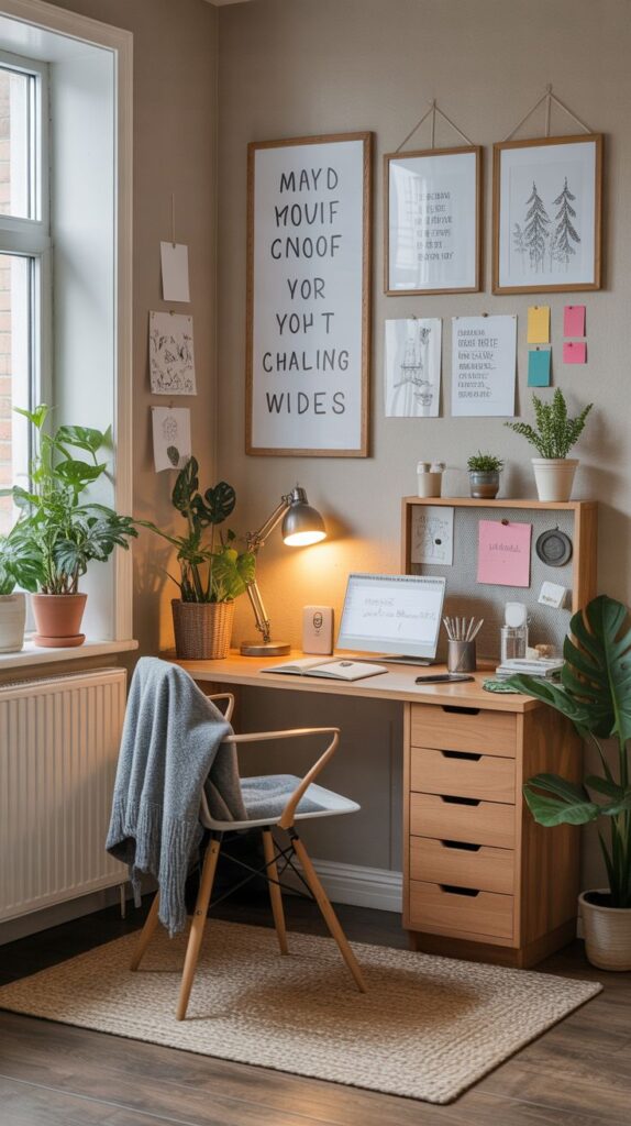 Cozy home office with wooden desk, laptop, plants, and inspirational wall art for a productive workspace.