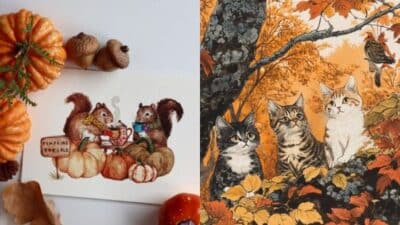 Illustration of squirrels with pumpkins and cats in autumn foliage, capturing a cozy fall scene.