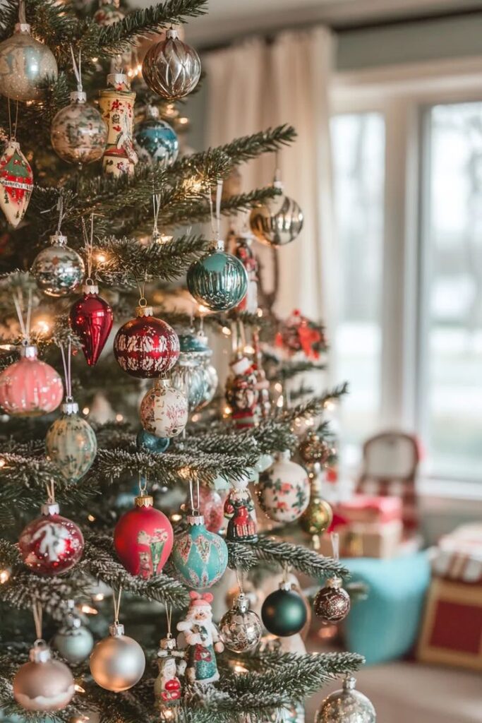 Decorated Christmas tree with colorful ornaments and lights in a cozy living room near a window.