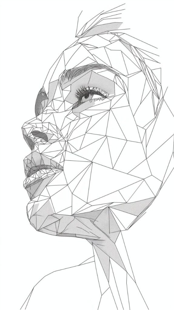 Geometric polygonal illustration of a human face in profile, showcasing intricate triangular patterns and artistry.