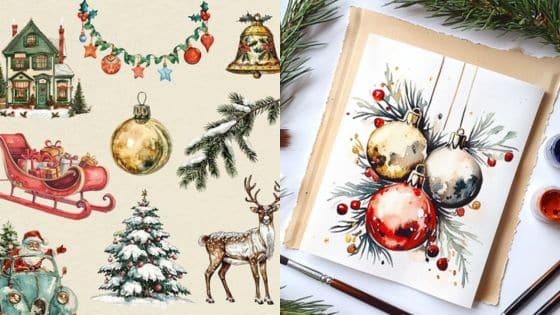 Create Unique Holiday Decor Easy Christmas Ornament Sketches Festive Christmas illustrations featuring ornaments, sleigh, tree, and reindeer. Holiday watercolor artwork. | Sky Rye Design Festive Christmas illustrations featuring ornaments, sleigh, tree, and reindeer. Holiday watercolor artwork.