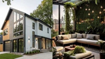 Modern home exterior with large windows and lush interior living space featuring urban greenery and skyline views.