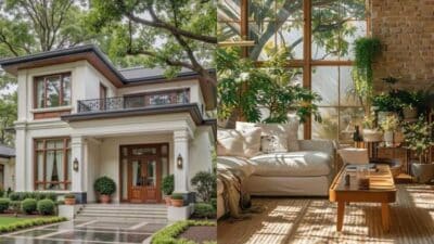 Modern two-story house exterior and cozy living room interior with large windows and lush greenery.
