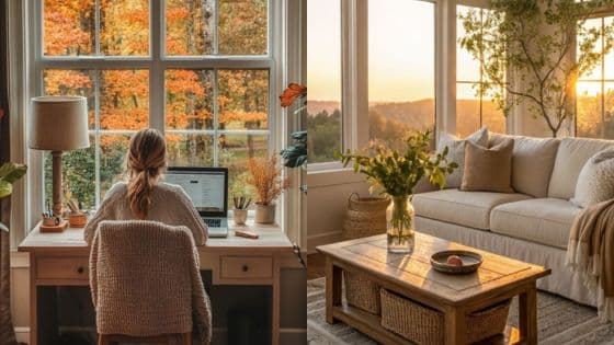 Creating the Perfect Home Environment for Comfort Health and Peace of Mind Cozy home office with autumn view and bright living room with sunset. Ideal spaces for work and relaxation. | Sky Rye Design Cozy home office with autumn view and bright living room with sunset. Ideal spaces for work and relaxation.