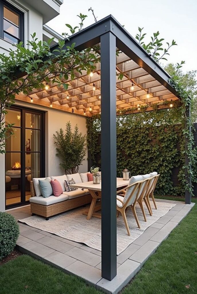 Creating the Perfect Pergola Retreat for Your Garden Modern outdoor patio with pergola, string lights, cozy seating, and greenery, perfect for relaxing and entertaining. | Sky Rye Design Modern outdoor patio with pergola, string lights, cozy seating, and greenery, perfect for relaxing and entertaining.