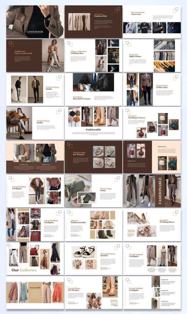Fashion lookbook showcasing diverse outfits, accessories, and style ideas for men and women in a sleek layout.
