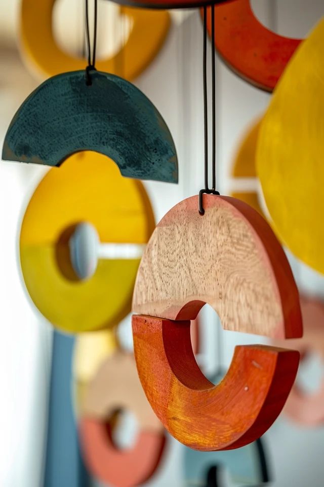 Creative Painting Wood Ornaments Ideas Unveiled Colorful geometric wooden mobiles hanging, featuring circles and arcs in vibrant yellow, teal, and orange hues. | Sky Rye Design Colorful geometric wooden mobiles hanging, featuring circles and arcs in vibrant yellow, teal, and orange hues.